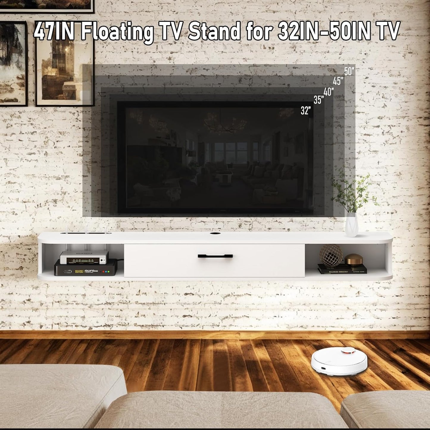 Bixiaomei Floating TV Unit, 47'' Wall Mounted TV Cabinet, Floating Shelves with Door, Modern Entertainment Media Console Center Large Storage TV Bench for Living Room & Office (47.24IN, White)