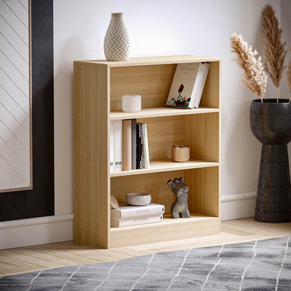 Vida Designs Cambridge 3 Tier Low Bookcase, Oak Wooden Shelving Display Storage Unit Office Living Room Furniture