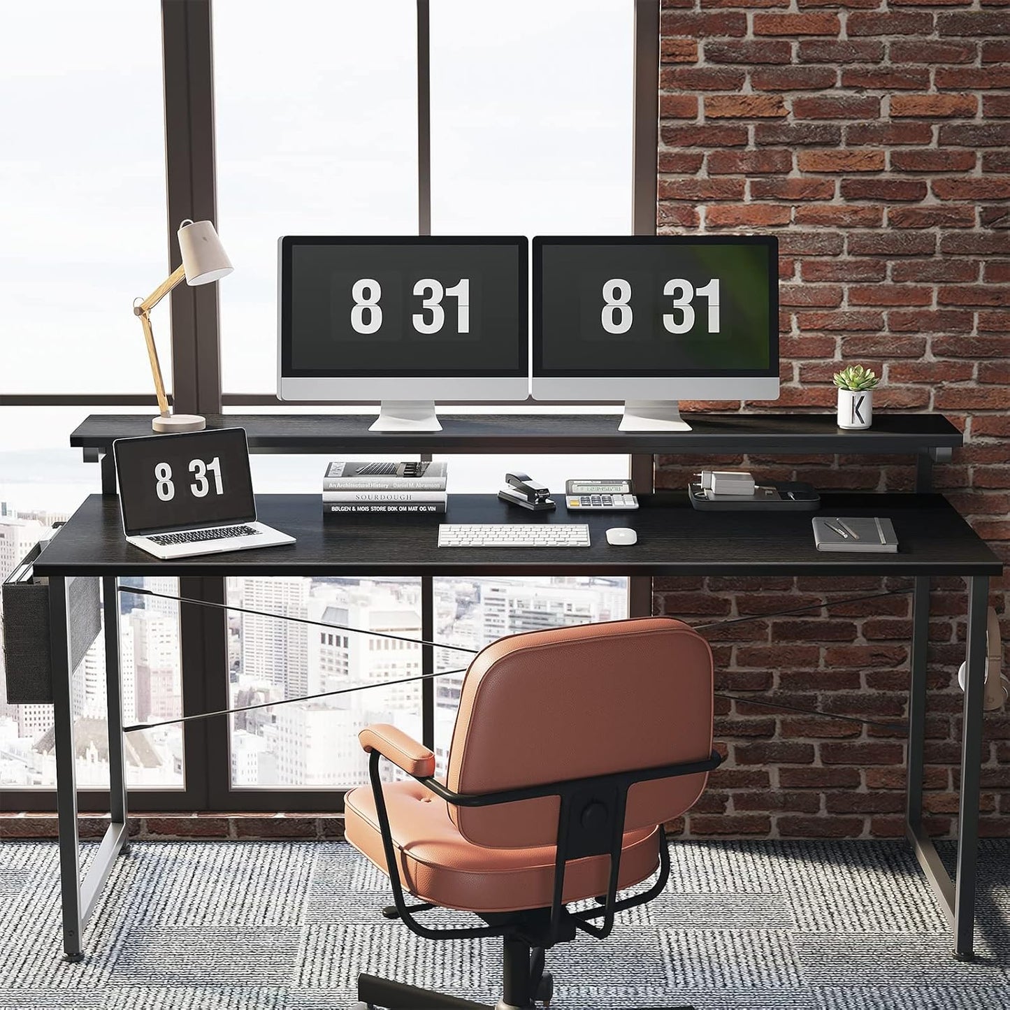 ODK Computer Desk with Adjustable Monitor Shelves, 63 inch Home Office Desk with Monitor Stand, Writing Desk, Study Workstation with 3 Heights (10cm, 13cm, 16cm), Black
