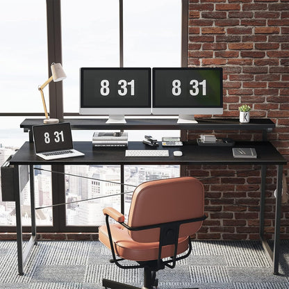 ODK Computer Desk with Adjustable Monitor Shelves, 63 inch Home Office Desk with Monitor Stand, Writing Desk, Study Workstation with 3 Heights (10cm, 13cm, 16cm), Black