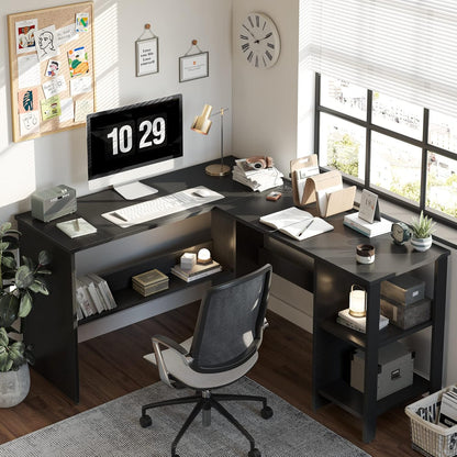 CubiCubi L Shaped Desk, 54.3 Inch Corner Computer Desk with Storage Shelves, Home Office Workstation for Study or Working, Black