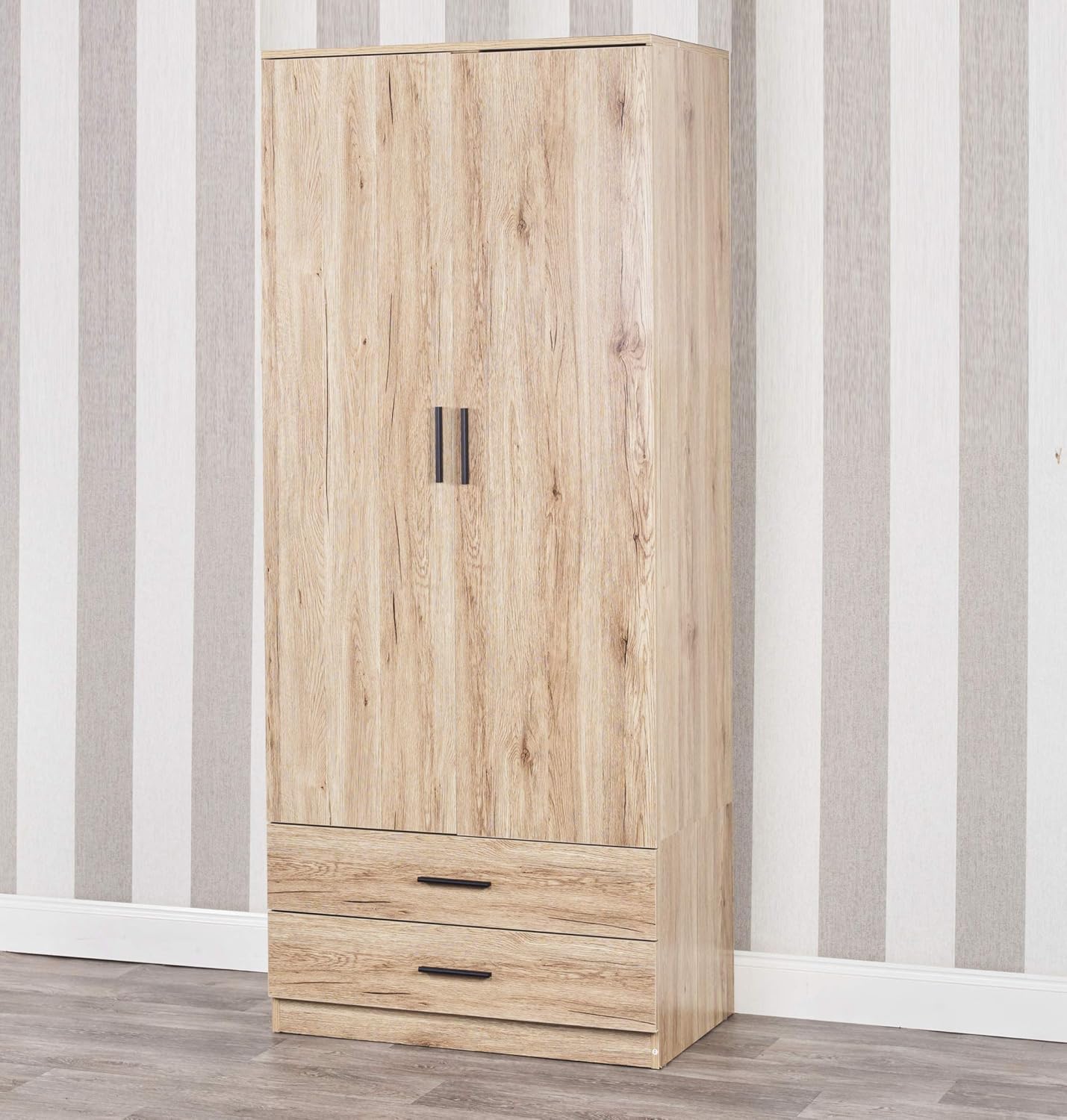 URBNLIVING Tall Wooden 2 Door Oak Wardrobe With 2 Drawers Bedroom Storage Hanging Bar Clothes (Oak Carcass + Oak Drawers)