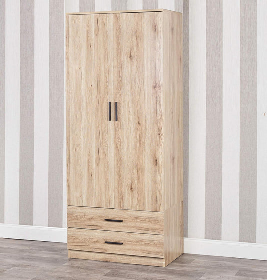 URBNLIVING Tall Wooden 2 Door Oak Wardrobe With 2 Drawers Bedroom Storage Hanging Bar Clothes (Oak Carcass + Oak Drawers)