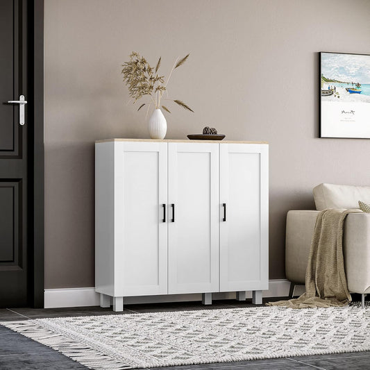 FurniFlex 3-Doors Nordic Style Living Room Sideboard Cabinet with Adjustable Shelves, 90 cm x 30 cm x 90 cm Size, White