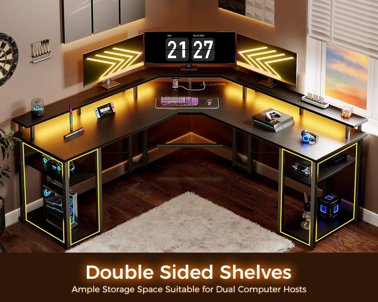 Coleshome L Shaped Gaming Desk with LED Lights & Power Outlets, Reversible 56" Computer Desk with Full Monitor Stand & Storage Shelves, Ergonomic Home Office Corner Desk, Black