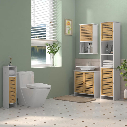 HOMCOM Modern Under Sink Cabinet with Magnetic Bamboo Doors and Adjustable Shelf 60 x 30 x 60 cm White and Natural