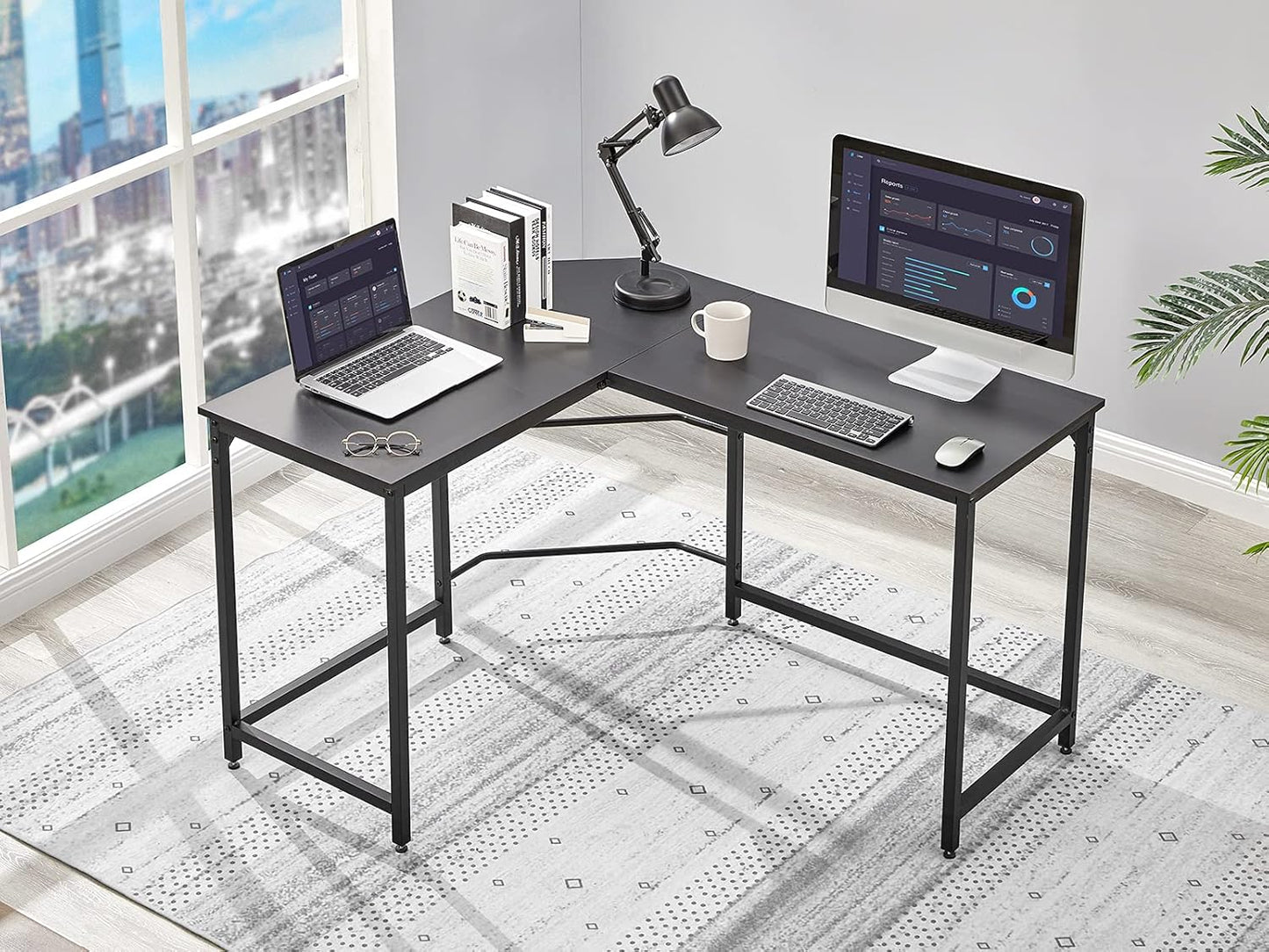 Aingoo Corner Desk L Shaped Desk Sturdy Home Office PC Laptop Workstation Gaming Computer Desk Study Writing Table 128 * 108 * 75CM Easy to Assemble Simple Design, Black