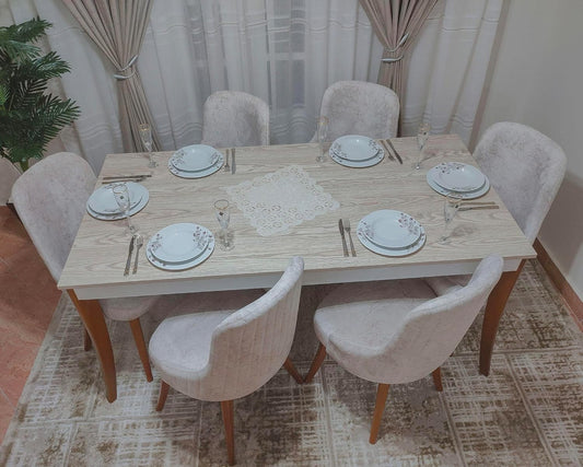 Dining Table with 6 Beech Chairs, 180cm*90cm Table with 6 Professional Workmanship Chairs with 25 Years Experience,Modern Dining Room Table (Slice Stitching Upholstery)
