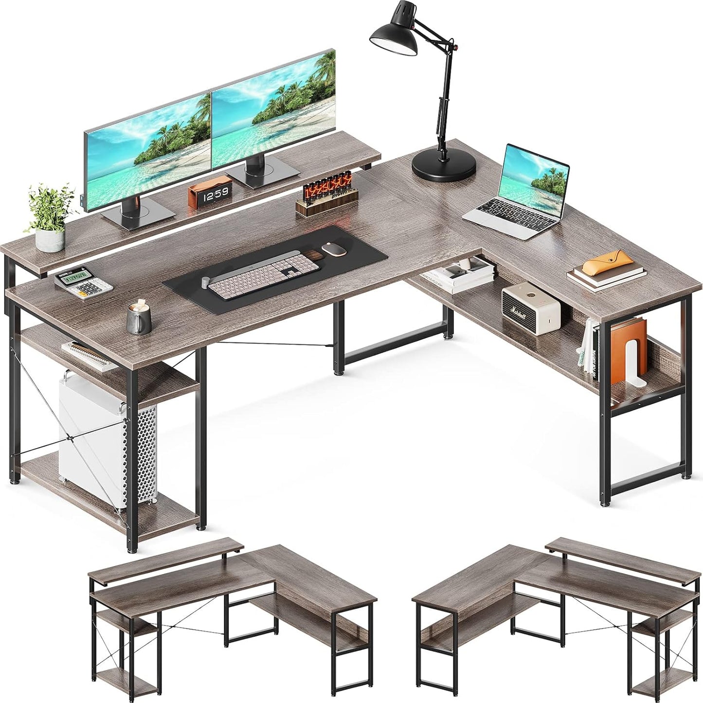ODK L Shaped Computer Desk, 54" Reversible L Shaped Desk, Corner Computer Desk with Storage Shelves & Monitor Stand, Home Office Desk, Gaming Desk, Corner Desk, Writing Desk, Grey Oak