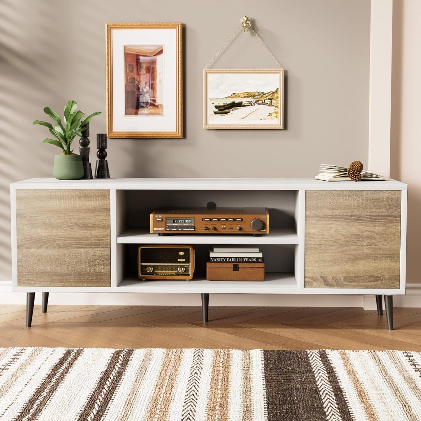 JUMMICO Mid-Century Modern TV Stand for 55/65 Inch TV, Entertainment Center with Storage Cabinet and Open Shelves, TV Media Cabinet for Living Room, Bedroom and Office (White and Oak, 65 Inches)