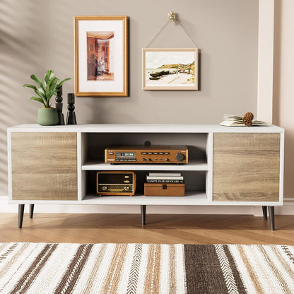 JUMMICO Mid-Century Modern TV Stand for 55/65 Inch TV, Entertainment Center with Storage Cabinet and Open Shelves, TV Media Cabinet for Living Room, Bedroom and Office (White and Oak, 65 Inches)