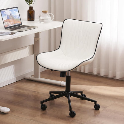 YOUTASTE Modern Armless Office Chair - Height Adjustable Swivel Rocking Computer Task Chair, Faux Leather With Wheels, Stylish Lounge Vanity Seat, White