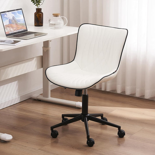 YOUTASTE Modern Armless Office Chair - Height Adjustable Swivel Rocking Computer Task Chair, Faux Leather With Wheels, Stylish Lounge Vanity Seat, White