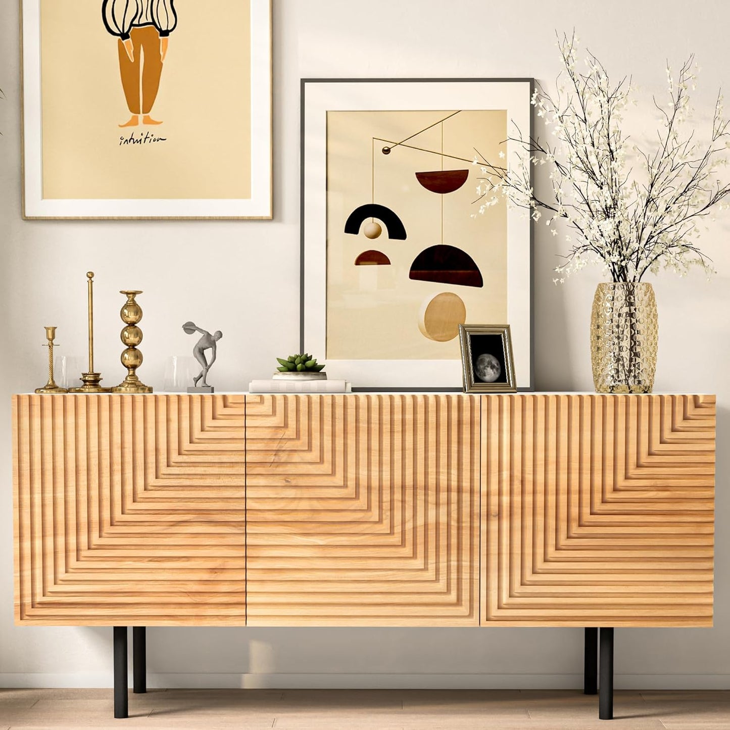 roomfitters Modern TV Cabinet, TV Unit for TVs up to 65”, Wood TV Stand Cabinet, Mid Century TV Media Units with Storage, TV Cupboard for Living Room, Wood Print Carved Geometric Design