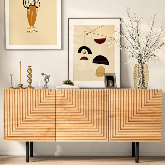 roomfitters Modern TV Cabinet, TV Unit for TVs up to 65”, Wood TV Stand Cabinet, Mid Century TV Media Units with Storage, TV Cupboard for Living Room, Wood Print Carved Geometric Design