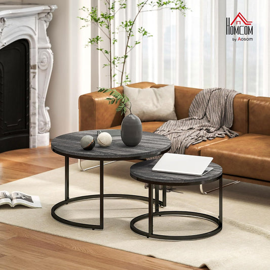HOMCOM Set of 2 Nest Coffee Tables, Round Coffee Table, Stackable, Industrial Design, Coffee Table, Metal Legs, Black