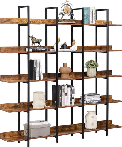 LiviNest 5-Tier Industrial Style Bookcase - Vintage Steel Standing Large Open Bookshelf - Display Shelves for Home Office Brown