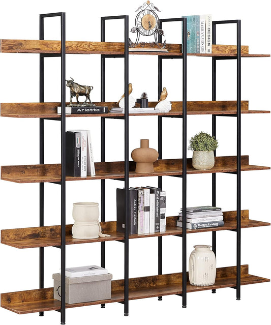 LiviNest 5-Tier Industrial Style Bookcase - Vintage Steel Standing Large Open Bookshelf - Display Shelves for Home Office Brown