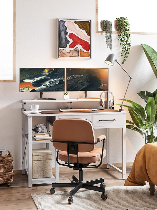 ODK Computer Desk 40" Table: Office Desk with Drawers & Wood Storage Shelves, Home Work Writing Desk & Large Space Monitor Stand, White