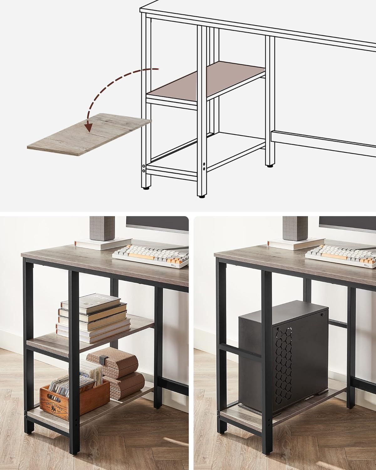VASAGLE LWD47MB Computer Desk with 2 Shelves on Right or Left Side Office Living Room Steel Frame Industrial Design Black