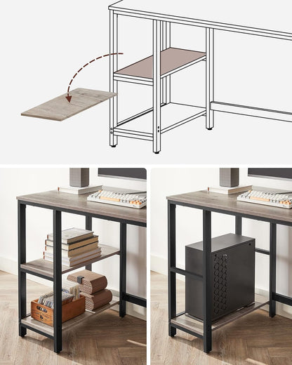 VASAGLE LWD47MB Computer Desk with 2 Shelves on Right or Left Side Office Living Room Steel Frame Industrial Design Black