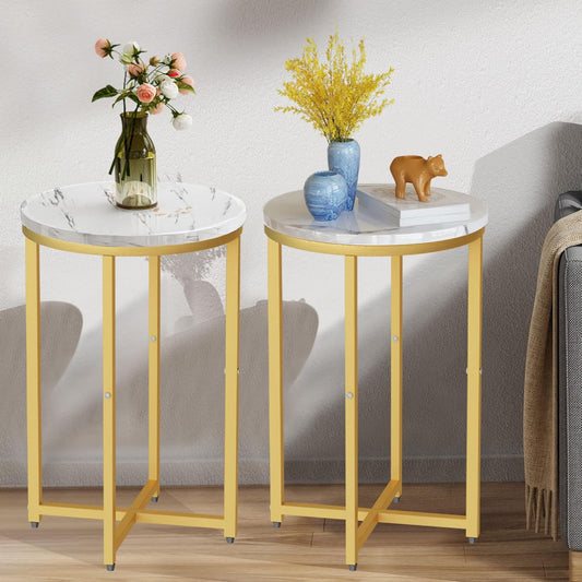 AWQM Round Side Table Set of 2, Modern Nightstand Faux Marble Accent Coffee Table for Living Room, Bedroom, Home & Office (White & Gold)