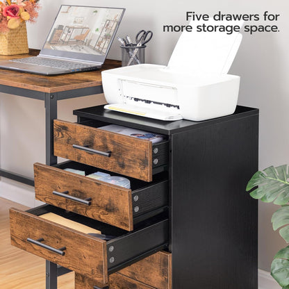 HOOBRO 5-Drawer Chest, File Cabinet, Office Cabinet, Filing Cabinet with Drawers, Wooden Cabinet with Wheels, Storage Cabinet for Makeup, for Home Office, Study, Easy Assembly, Rustic Brown BF05WJ01