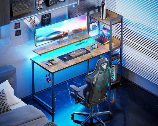 ODK Reversible Computer Desk with Power Outlets & USB Charging Port, 48 Inch Gaming with Storage Shelves and Monitor Stand, Modern Writing Study Desk for Small Space Bedroom