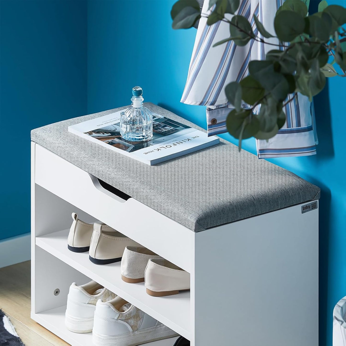 SoBuy FSR25-HG Shoe Bench with Seat, Shoe Rack, Shoe Cabinet, Shoe Chest, Light Grey, W x H x D x H x D approx. 60 x 43 x 30 cm