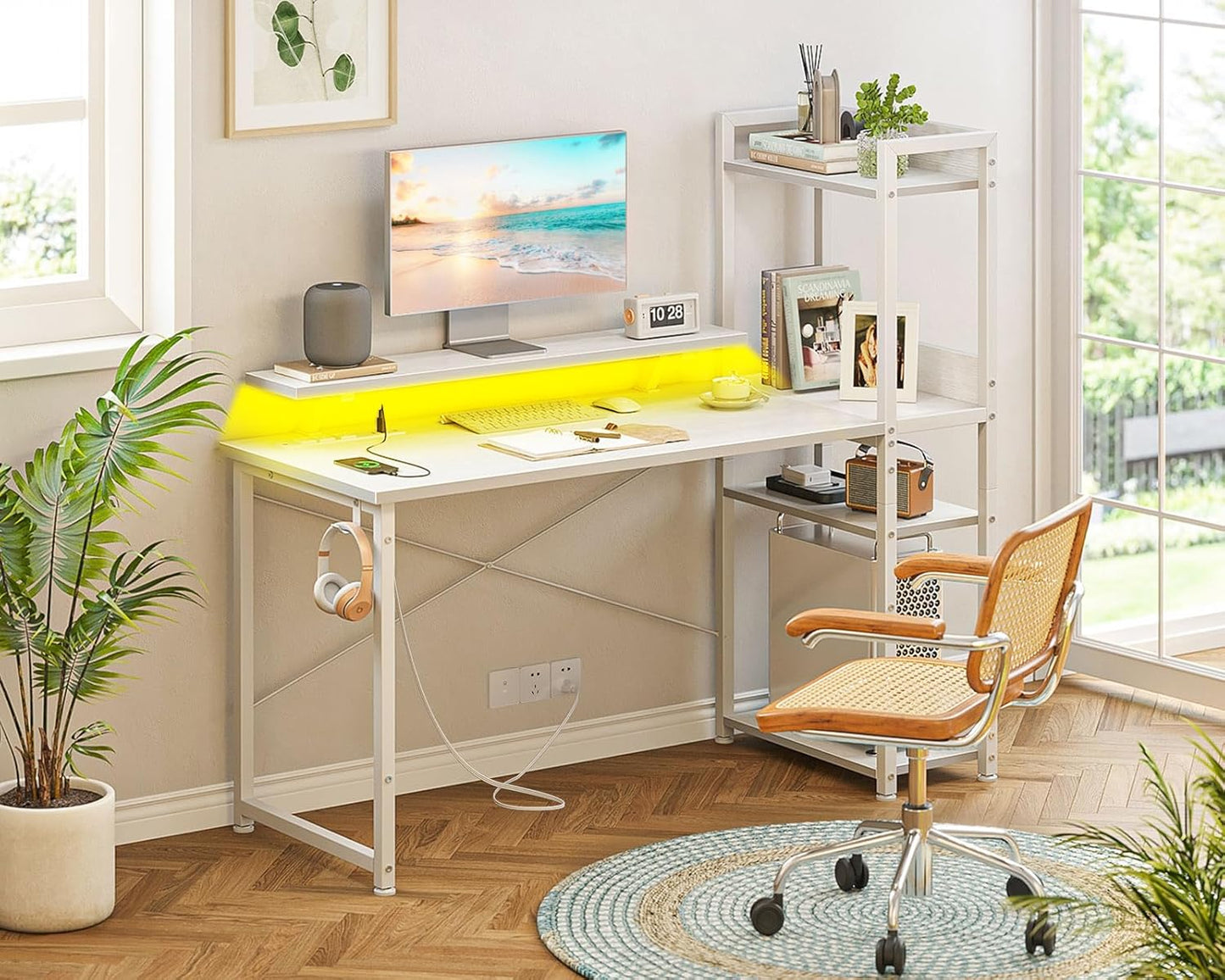 ODK Computer Desk with USB Charging Port & Power Outlet, 48 Inch Writing Desk with Storage Shelves and Monitor Stand, Reversible Study Table for Home Office, Small Space Bedroom, White