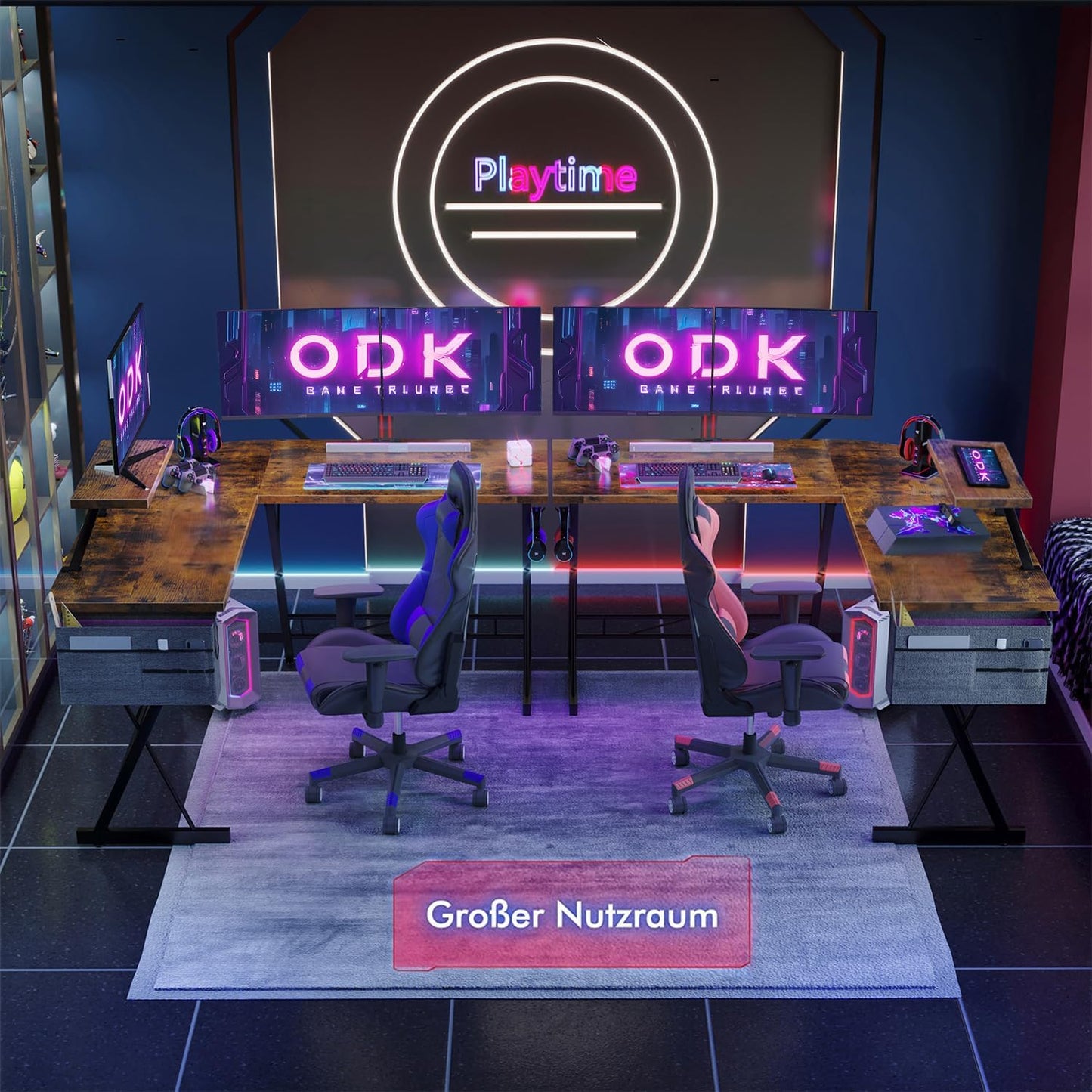 ODK L-Shaped Desk, Computer Desk, Office Desk with Round Corner, Gaming Table with Monitor Tray, 50 x 50 Inch, Vintage