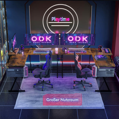 ODK L-Shaped Desk, Computer Desk, Office Desk with Round Corner, Gaming Table with Monitor Tray, 50 x 50 Inch, Vintage