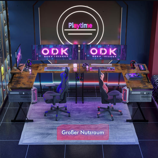 ODK L-Shaped Desk, Computer Desk, Office Desk with Round Corner, Gaming Table with Monitor Tray, 50 x 50 Inch, Vintage