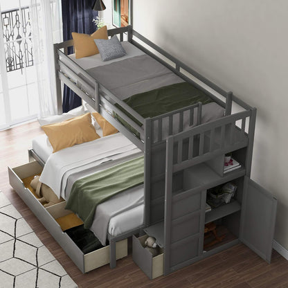Harper & Bright Designs Twin Over Full Bunk Bed?Twin Bunk Bed for Kids,Bed Frame with Convertible Bottom Bed, Storage Shelves and Drawers for Kids,Adults(Grey)