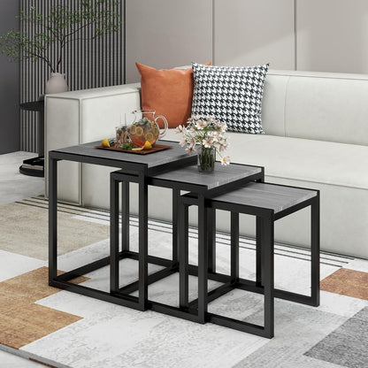 HAHRIR Nesting Table Set of 3 Side Tables, Modern Coffee Table Stacking End Table with Metal Frame (A-Square, Grey)