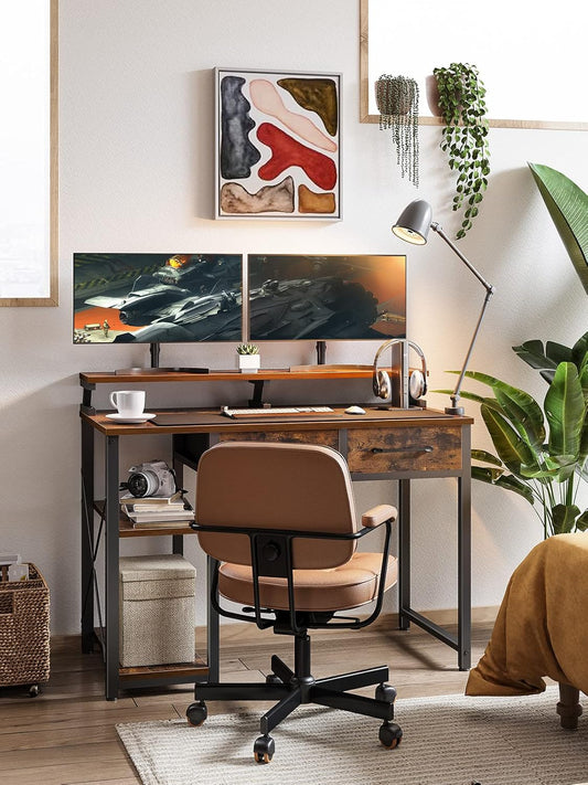 ODK Computer Desk 40" Table: Office Desk with Drawers & Wood Storage Shelves, Home Work Writing Desk & Large Space Monitor Stand, Rustic Brown