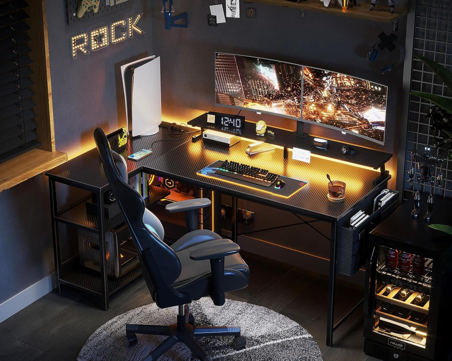 ODK 58 Inch Gaming Desk with USB Charging Ports and LED Lights, Reversible L Shaped Computer Desk with Storage Shelves & Monitor Stand, Corner Gamer Desk Table with Power Outlets, Black
