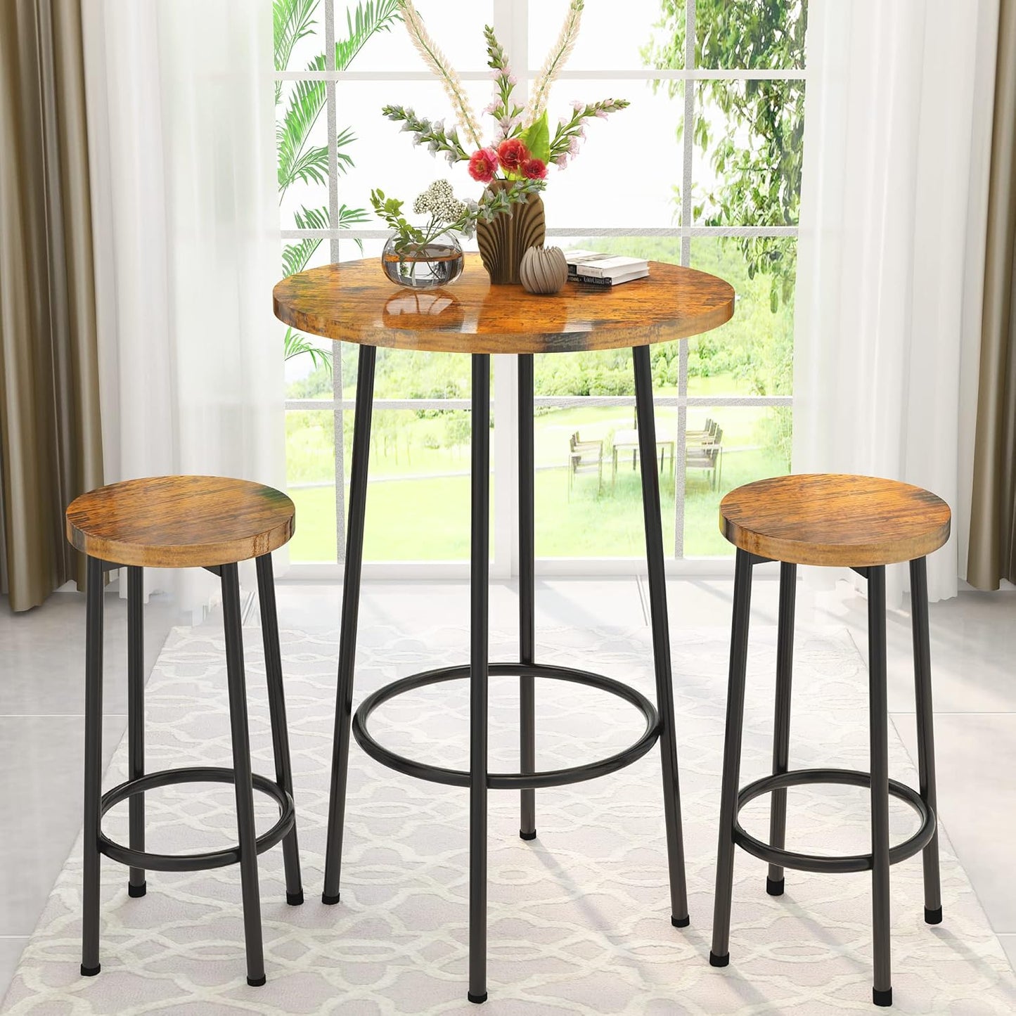 AWQM 3 Piece Bar Table Set, Small Round Pub Table Set for 2, Counter Height 3 Piece Dining Set for Breakfast Nook, Bistro, Dining Room, Kitchen - Rustic Brown