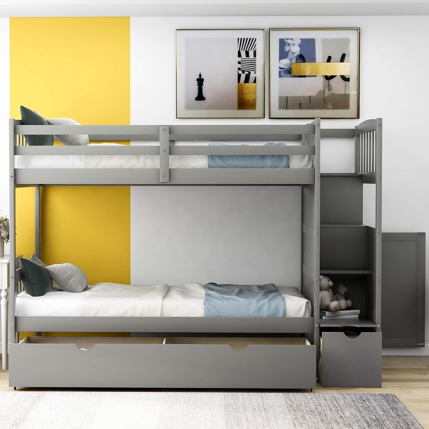 Harper & Bright Designs Twin Over Full Bunk Bed?Twin Bunk Bed for Kids,Bed Frame with Convertible Bottom Bed, Storage Shelves and Drawers for Kids,Adults(Grey)