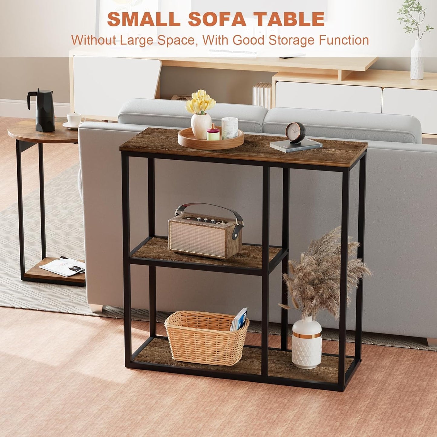 WOHOMO Console Table Small Entryway Table with Storage Shelves 30cm Narrow Sofa Table Modern Hallway Table for Living Room 80 x 30 x 80cm,Walnut