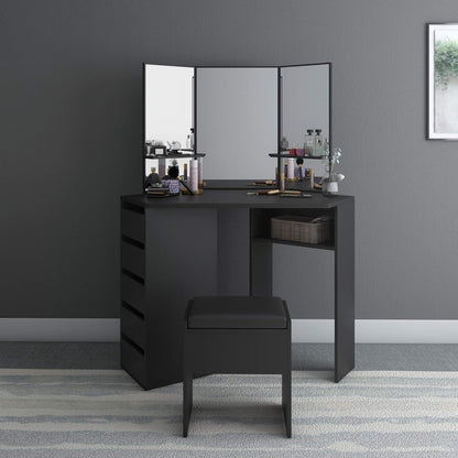 Panana Corner Dressing Table Set, Makeup Dresser Table with 3 Large Mirrors, 5 Drawers and Stool Vanity Console Bedroom Modern Furniture (Black)