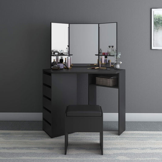 Panana Corner Dressing Table Set, Makeup Dresser Table with 3 Large Mirrors, 5 Drawers and Stool Vanity Console Bedroom Modern Furniture (Black)
