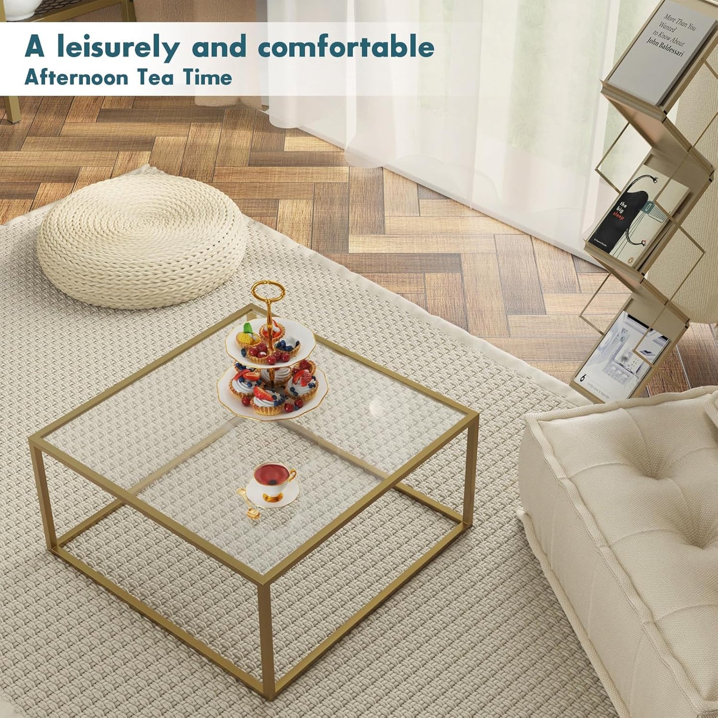 SAYGOER Gold Coffee Table Glass Modern Coffee Tables for Small Space Simple Square Center Table for Living Room Home Office 68 x 68 x 40cm, Easy Assembly
