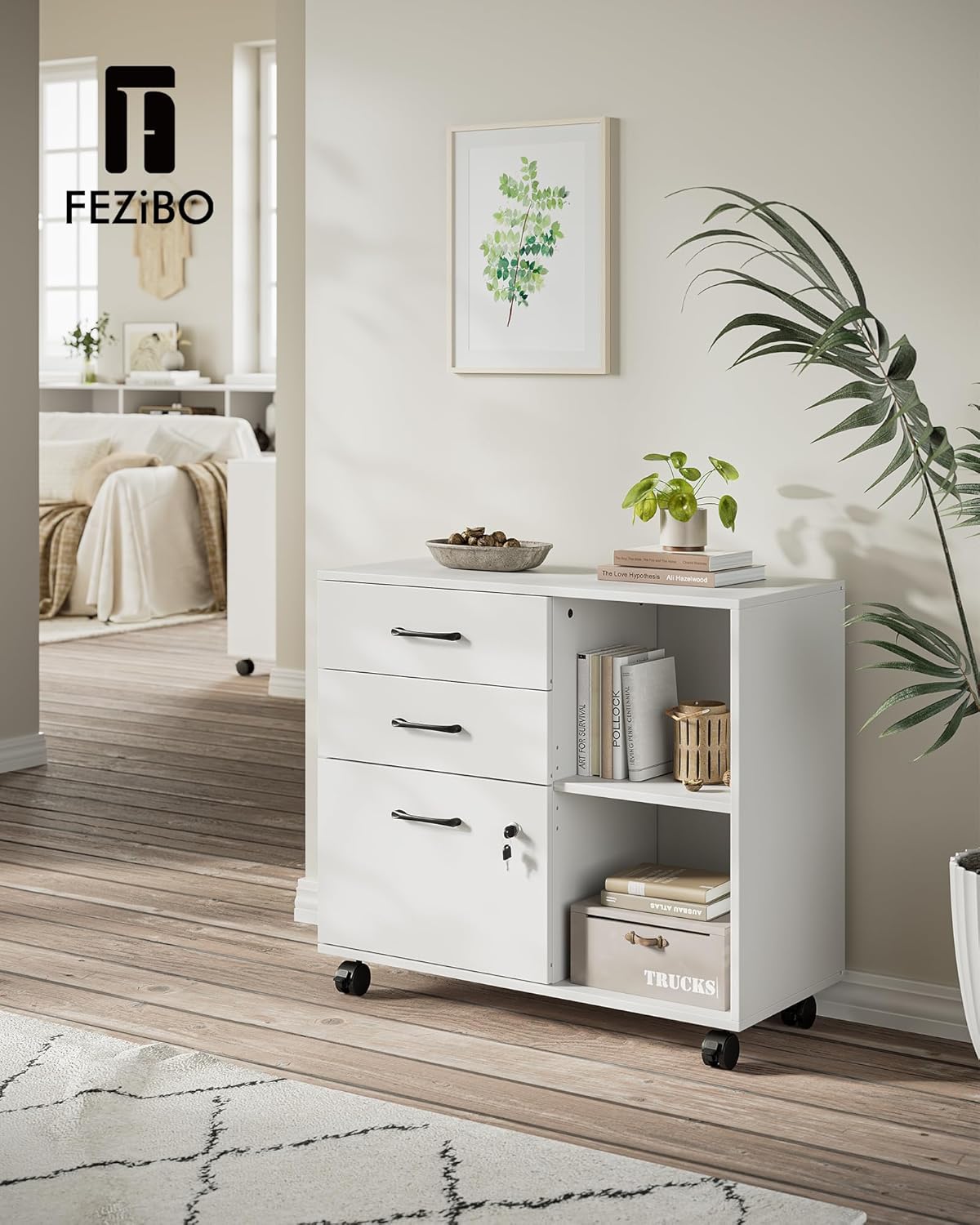 FEZIBO 3-Drawer Mobile File Cabinet, Lateral Filing Cabinet with Lock, Printer Stand with Open Storage Shelves for Home Office, White