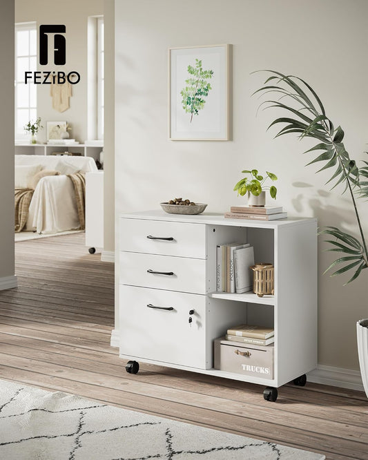 FEZIBO 3-Drawer Mobile File Cabinet, Lateral Filing Cabinet with Lock, Printer Stand with Open Storage Shelves for Home Office, White