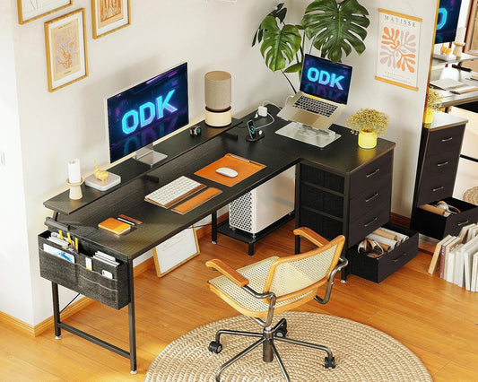 ODK Corner Desk with Drawers, L Shaped Computer Desk with USB Charging Port & Power Outlet, Home Office Desk with Monitor Stand and PC Stand, 63 Inch Gaming Desks Workstations, Black