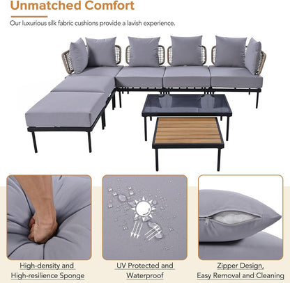 Ampela 8-Piece Patio Sectional Sofa Tempered Wooden & Glass 2 Coffee Table/2 Single Chairs/2 Ottomans/2 Corner Chairs,All-Weather Conversation Set for Outdoor Oasis,Garden,Patio,Poolside,Light Grey