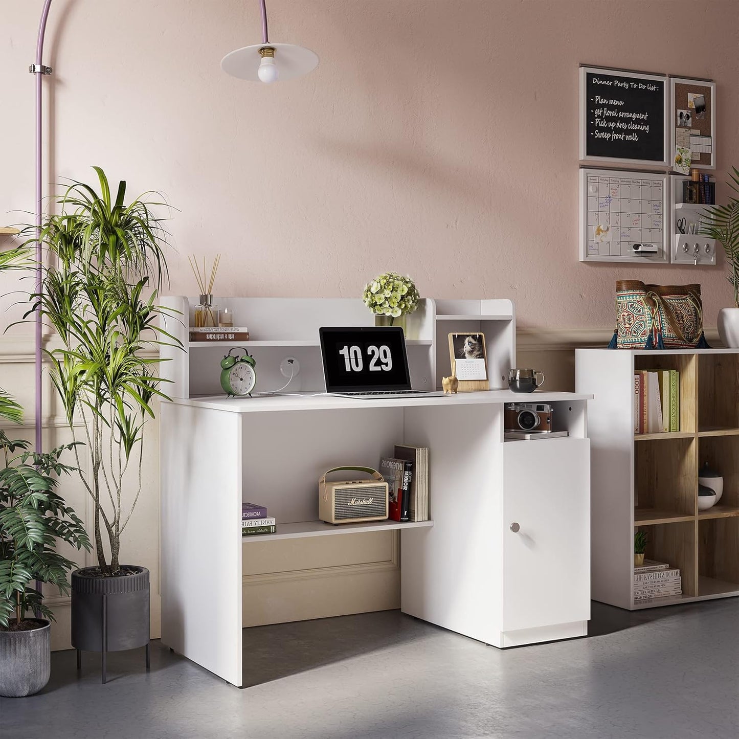 CubiCubi Computer Desk with Storage, 47 Inch Home Office Desk with Hutch and Shelves, Modern Writing Study Desk Work Table with Cabinet, White