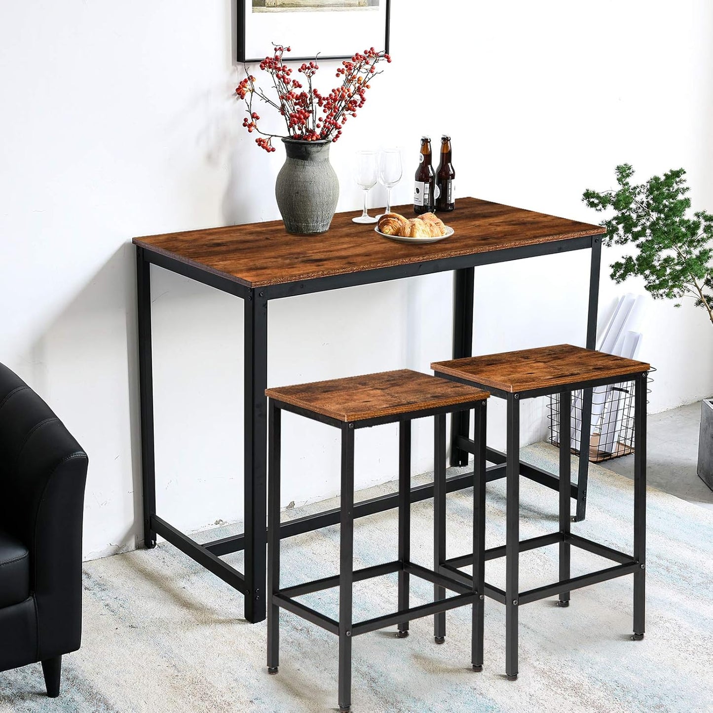 IBUYKE Bar Stool Set of 2, Tall Kitchen Counter Breakfast Bar Stools, Bar Chairs with Footrest, for Home Pub Bar Table, Living Room, Lounge, Industrial Style, Rustic Brown and Black TMJ051H