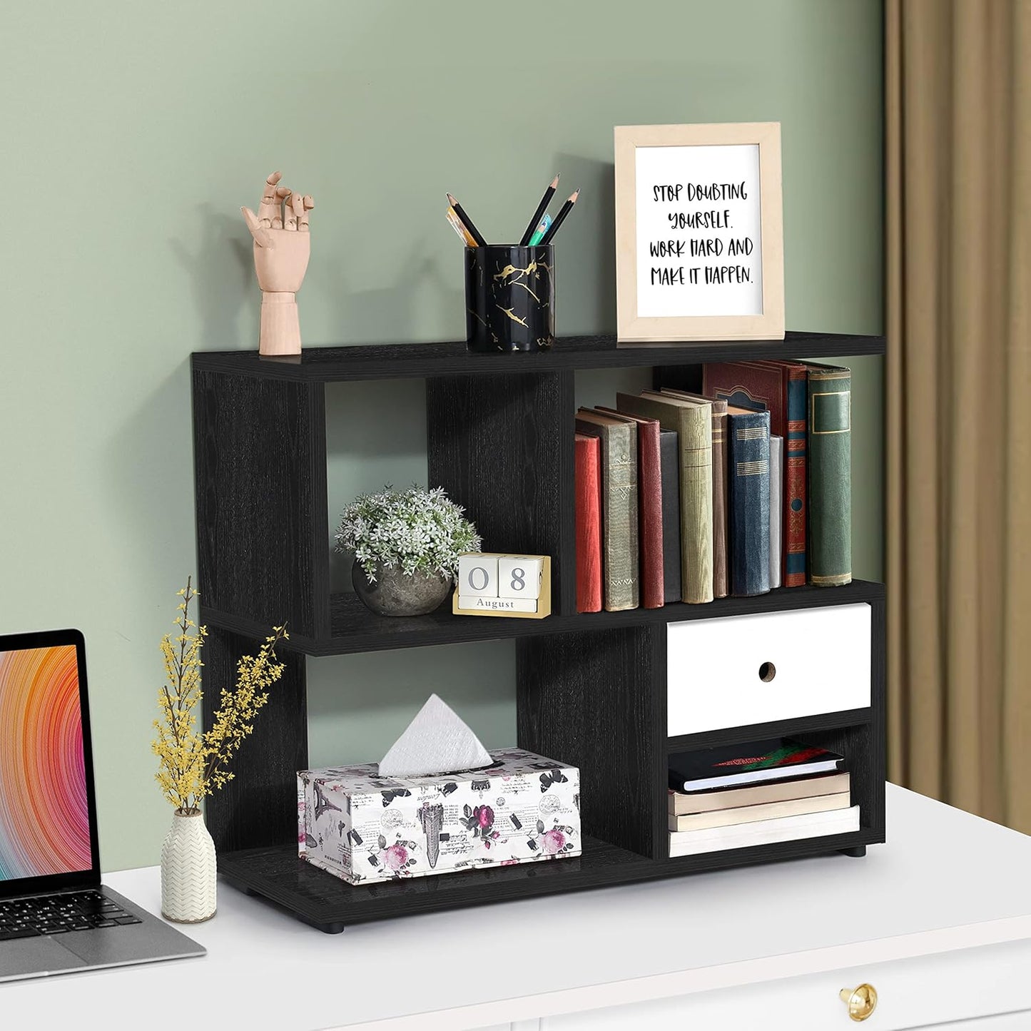 ABOUT SPACE Table Top Bookshelf - Countertop Bookcase with Drawer, Engineered Wood S-Shaped Desktop Storage Organizer Table Shelf Book Rack for Home Study Room (Lemon Oak - L 60 x B 25 x H 50 cm)
